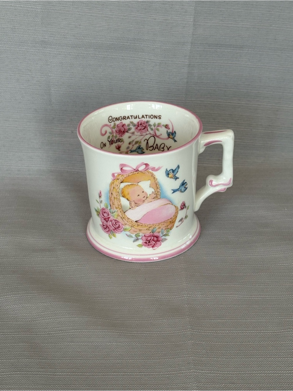 Vintage Baby Pink Ceramic Baby Mug - Congratulations On Your Baby